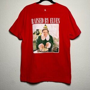 Elf Raised By Elves Buddy The Elf Christmas Movie Red T Shirt Mens Large Festive